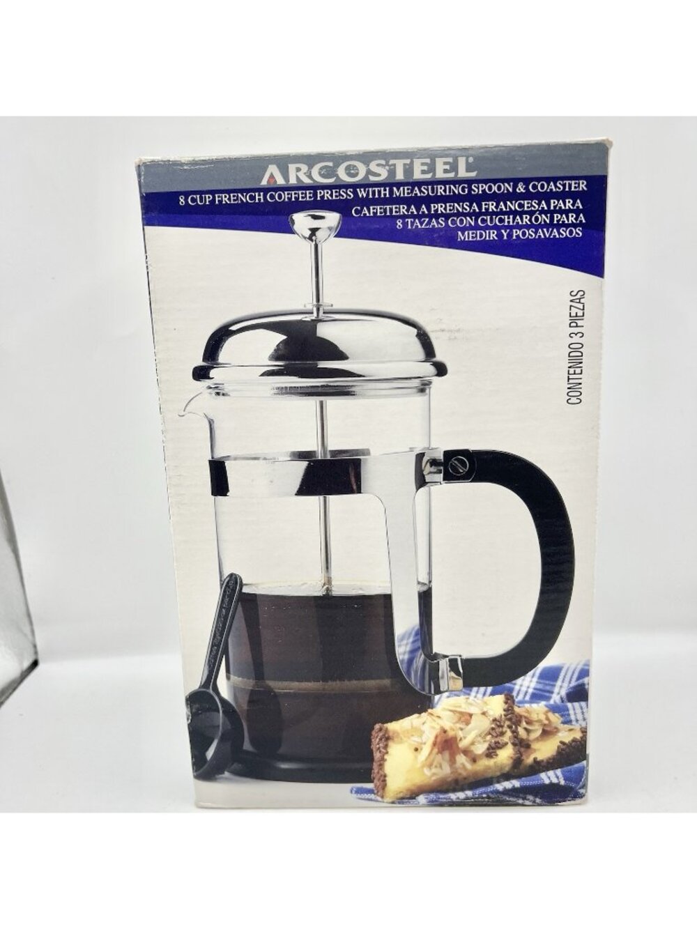 Arcosteel Coffee French Press Glass and Silver 8 Cup with Coaster 4202N NEW